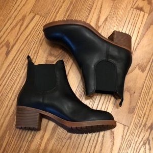 Black Booties with brown chunk heel